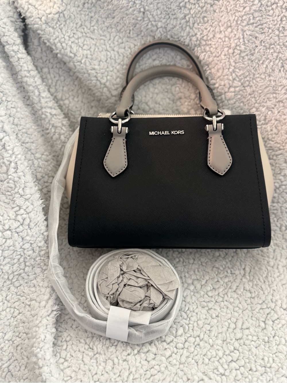 Michael Kors Black Satchel with Grey Handles and Cream Sides